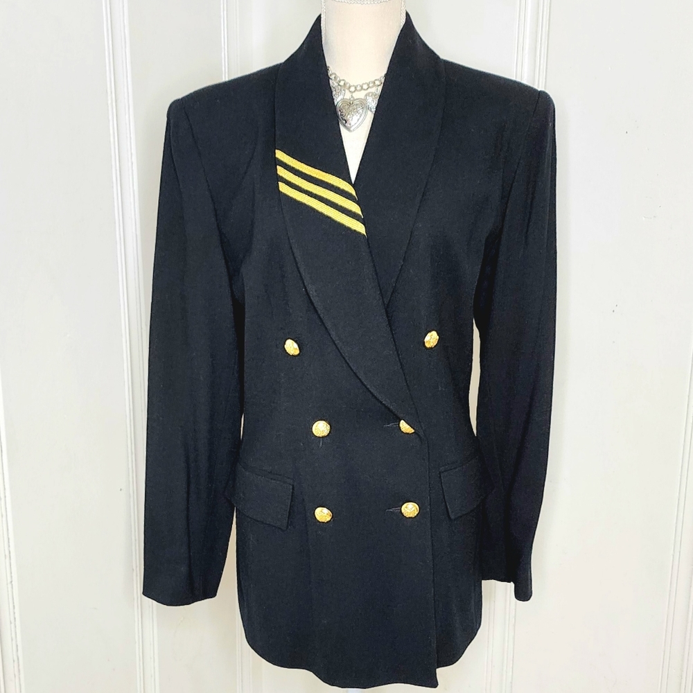 Casual Corner Black Double-Breasted Blazer with Gold Buttons and Yellow Stripe